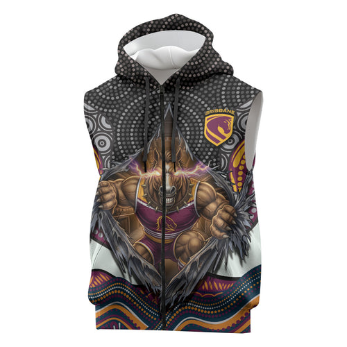 Brisbane Broncos Sleeveless Zip Hoodie The Scream of Lightning Eyes - Indigenous Dot Ripping Effect