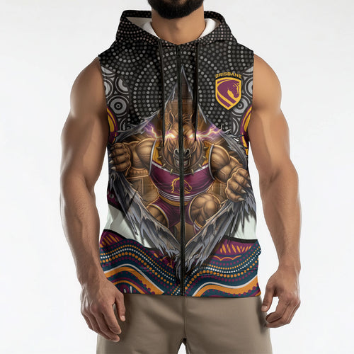 Brisbane Broncos Sleeveless Zip Hoodie The Scream of Lightning Eyes - Indigenous Dot Ripping Effect
