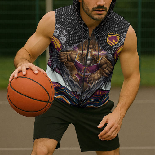 Brisbane Broncos Sleeveless Zip Hoodie The Scream of Lightning Eyes - Indigenous Dot Ripping Effect