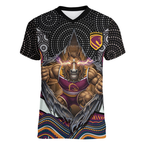 Brisbane Broncos Women V-Neck T-Shirt The Scream of Lightning Eyes - Indigenous Dot Ripping Effect