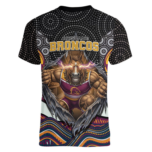 Brisbane Broncos Women V-Neck T-Shirt The Scream of Lightning Eyes - Indigenous Dot Ripping Effect
