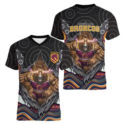 Brisbane Broncos Women V-Neck T-Shirt The Scream of Lightning Eyes - Indigenous Dot Ripping Effect