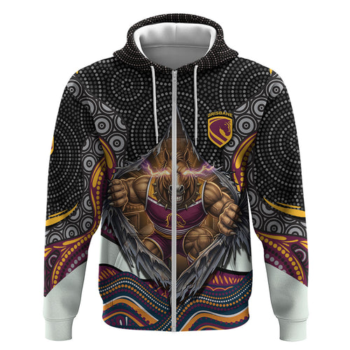 Brisbane Broncos Zip Hoodie The Scream of Lightning Eyes - Indigenous Dot Ripping Effect