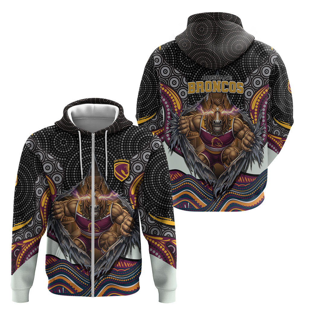 Brisbane Broncos Zip Hoodie The Scream of Lightning Eyes - Indigenous Dot Ripping Effect