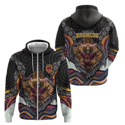 Brisbane Broncos Zip Hoodie The Scream of Lightning Eyes - Indigenous Dot Ripping Effect