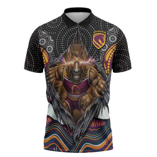 Brisbane Broncos Zipper Polo Shirt The Scream of Lightning Eyes - Indigenous Dot Ripping Effect