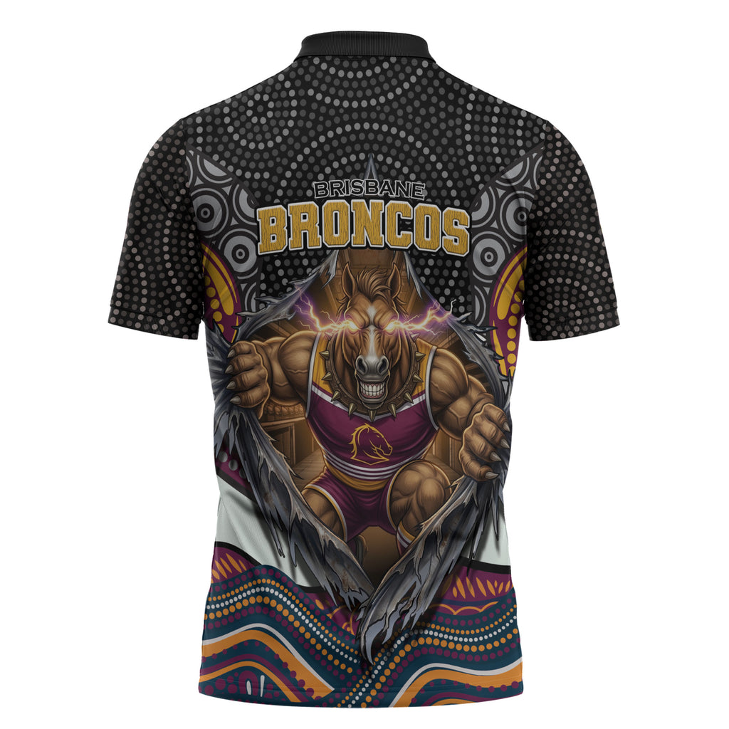 Brisbane Broncos Zipper Polo Shirt The Scream of Lightning Eyes - Indigenous Dot Ripping Effect
