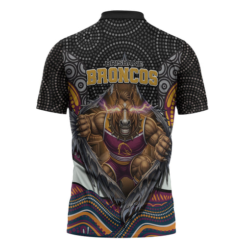 Brisbane Broncos Zipper Polo Shirt The Scream of Lightning Eyes - Indigenous Dot Ripping Effect
