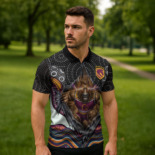Brisbane Broncos Zipper Polo Shirt The Scream of Lightning Eyes - Indigenous Dot Ripping Effect