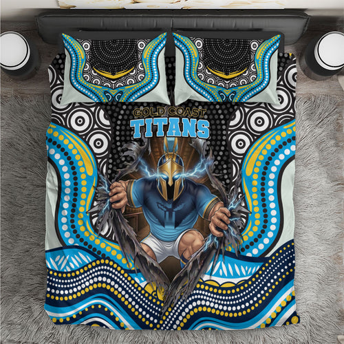 Gold Coast Titans Bedding Set The Scream of Lightning Eyes - Indigenous Dot Ripping Effect