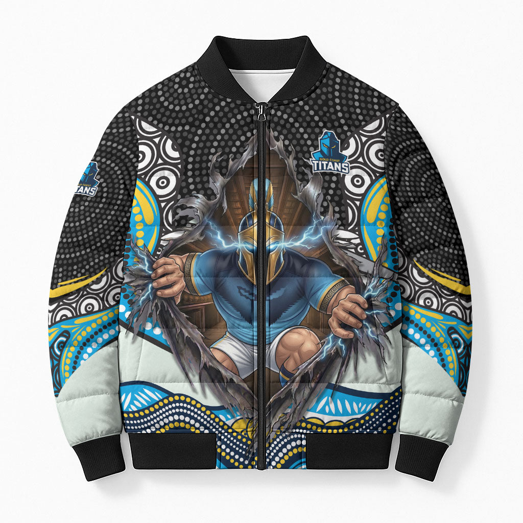 Gold Coast Titans Bomber Puffer Jacket The Scream of Lightning Eyes - Indigenous Dot Ripping Effect