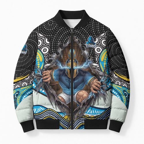 Gold Coast Titans Bomber Puffer Jacket The Scream of Lightning Eyes - Indigenous Dot Ripping Effect