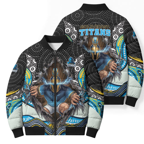 Gold Coast Titans Bomber Puffer Jacket The Scream of Lightning Eyes - Indigenous Dot Ripping Effect
