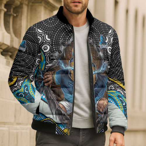 Gold Coast Titans Bomber Puffer Jacket The Scream of Lightning Eyes - Indigenous Dot Ripping Effect