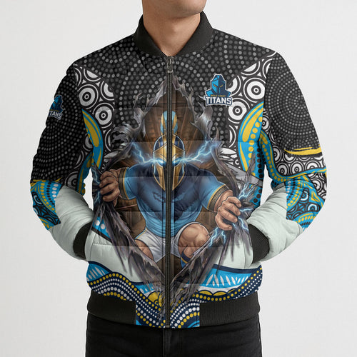 Gold Coast Titans Bomber Puffer Jacket The Scream of Lightning Eyes - Indigenous Dot Ripping Effect