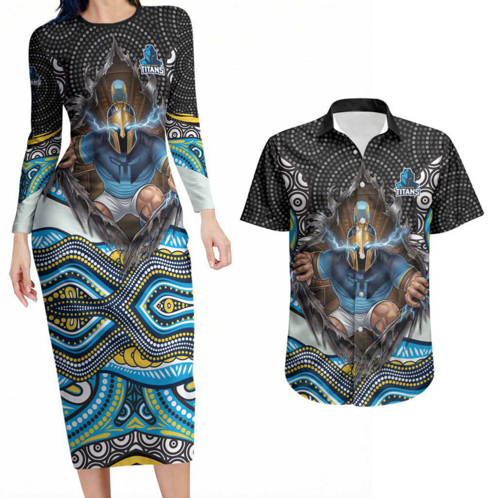 Gold Coast Titans Couples Matching Long Sleeve Bodycon Dress and Hawaiian Shirt The Scream of Lightning Eyes - Indigenous Dot Ripping Effect
