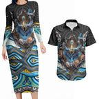 Gold Coast Titans Couples Matching Long Sleeve Bodycon Dress and Hawaiian Shirt The Scream of Lightning Eyes - Indigenous Dot Ripping Effect