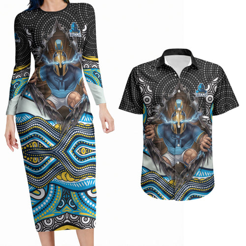 Gold Coast Titans Couples Matching Long Sleeve Bodycon Dress and Hawaiian Shirt The Scream of Lightning Eyes - Indigenous Dot Ripping Effect
