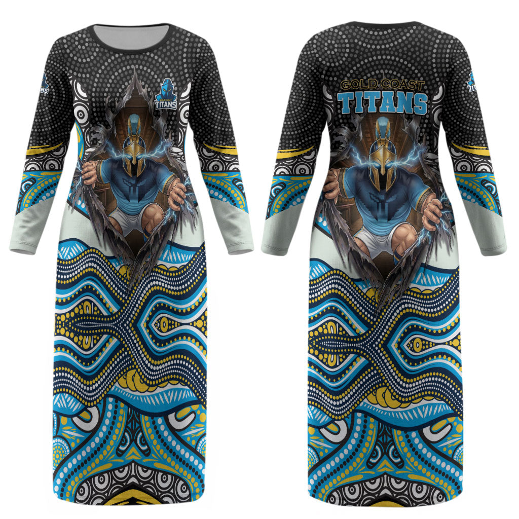 Gold Coast Titans Couples Matching Long Sleeve Bodycon Dress and Hawaiian Shirt The Scream of Lightning Eyes - Indigenous Dot Ripping Effect