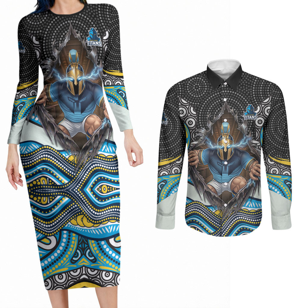 Gold Coast Titans Couples Matching Long Sleeve Bodycon Dress and Long Sleeve Button Shirt The Scream of Lightning Eyes - Indigenous Dot Ripping Effect