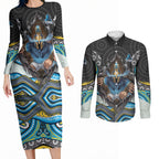 Gold Coast Titans Couples Matching Long Sleeve Bodycon Dress and Long Sleeve Button Shirt The Scream of Lightning Eyes - Indigenous Dot Ripping Effect