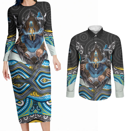 Gold Coast Titans Couples Matching Long Sleeve Bodycon Dress and Long Sleeve Button Shirt The Scream of Lightning Eyes - Indigenous Dot Ripping Effect
