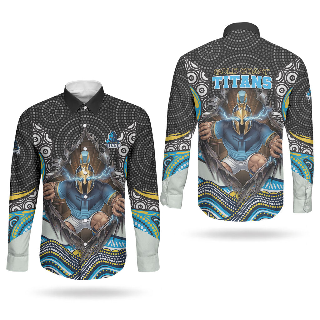 Gold Coast Titans Couples Matching Long Sleeve Bodycon Dress and Long Sleeve Button Shirt The Scream of Lightning Eyes - Indigenous Dot Ripping Effect
