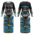 Gold Coast Titans Couples Matching Long Sleeve Bodycon Dress and Long Sleeve Button Shirt The Scream of Lightning Eyes - Indigenous Dot Ripping Effect