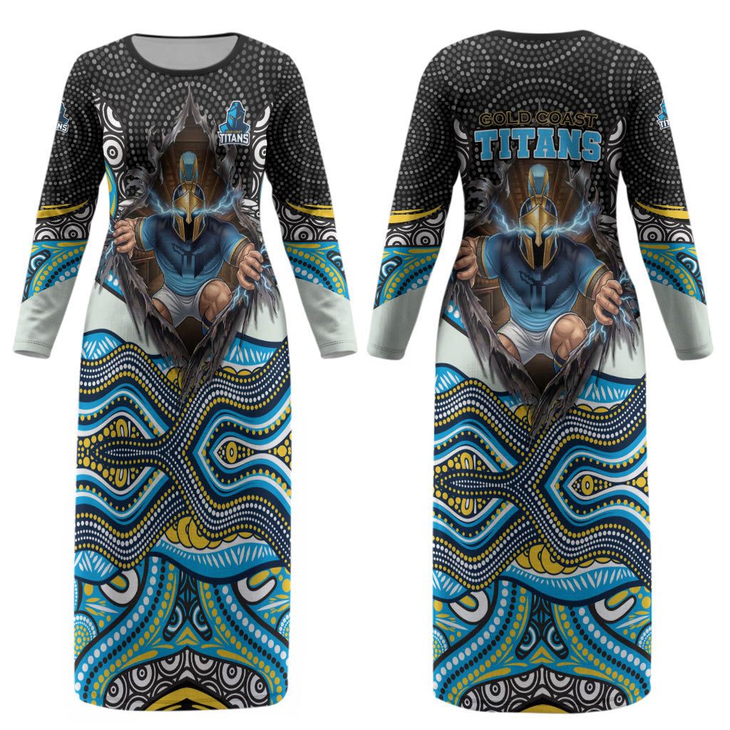 Gold Coast Titans Couples Matching Long Sleeve Bodycon Dress and Long Sleeve Button Shirt The Scream of Lightning Eyes - Indigenous Dot Ripping Effect