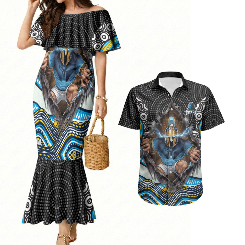 Gold Coast Titans Couples Matching Mermaid Dress and Hawaiian Shirt The Scream of Lightning Eyes - Indigenous Dot Ripping Effect
