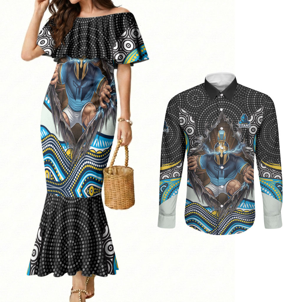 Gold Coast Titans Couples Matching Mermaid Dress and Long Sleeve Button Shirt The Scream of Lightning Eyes - Indigenous Dot Ripping Effect