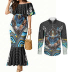 Gold Coast Titans Couples Matching Mermaid Dress and Long Sleeve Button Shirt The Scream of Lightning Eyes - Indigenous Dot Ripping Effect