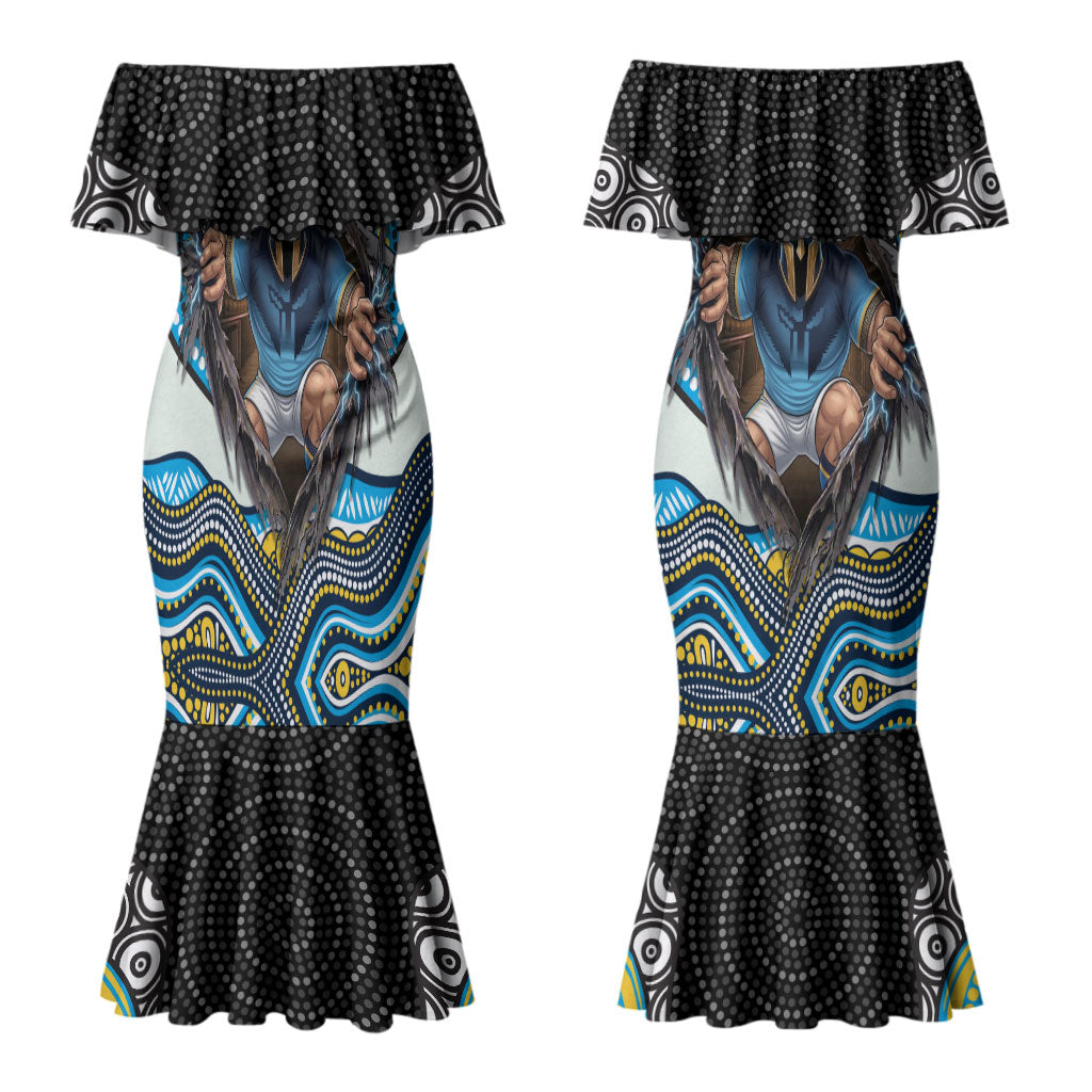 Gold Coast Titans Couples Matching Mermaid Dress and Long Sleeve Button Shirt The Scream of Lightning Eyes - Indigenous Dot Ripping Effect