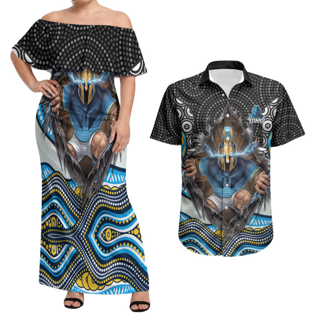 Gold Coast Titans Couples Matching Off Shoulder Maxi Dress and Hawaiian Shirt The Scream of Lightning Eyes - Indigenous Dot Ripping Effect