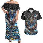 Gold Coast Titans Couples Matching Off Shoulder Maxi Dress and Hawaiian Shirt The Scream of Lightning Eyes - Indigenous Dot Ripping Effect