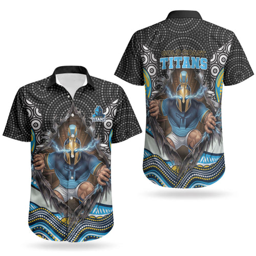 Gold Coast Titans Couples Matching Off Shoulder Maxi Dress and Hawaiian Shirt The Scream of Lightning Eyes - Indigenous Dot Ripping Effect