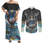 Gold Coast Titans Couples Matching Off Shoulder Maxi Dress and Long Sleeve Button Shirt The Scream of Lightning Eyes - Indigenous Dot Ripping Effect