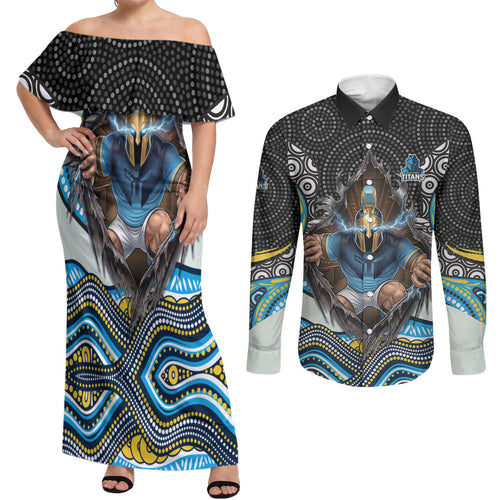 Gold Coast Titans Couples Matching Off Shoulder Maxi Dress and Long Sleeve Button Shirt The Scream of Lightning Eyes - Indigenous Dot Ripping Effect