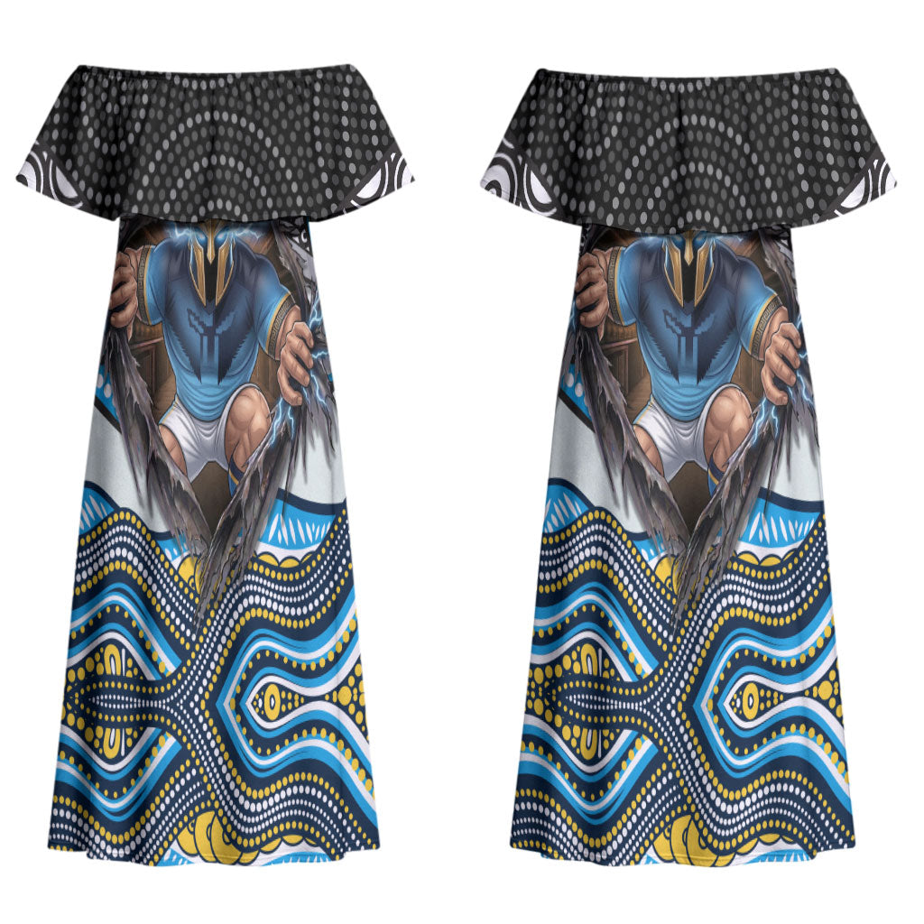 Gold Coast Titans Couples Matching Off Shoulder Maxi Dress and Long Sleeve Button Shirt The Scream of Lightning Eyes - Indigenous Dot Ripping Effect
