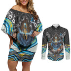 Gold Coast Titans Couples Matching Off Shoulder Short Dress and Long Sleeve Button Shirt The Scream of Lightning Eyes - Indigenous Dot Ripping Effect