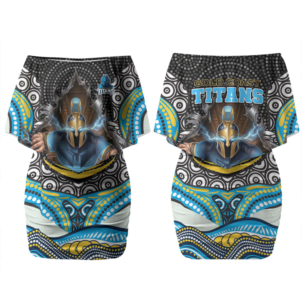 Gold Coast Titans Couples Matching Off Shoulder Short Dress and Long Sleeve Button Shirt The Scream of Lightning Eyes - Indigenous Dot Ripping Effect