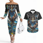 Gold Coast Titans Couples Matching Off The Shoulder Long Sleeve Dress and Hawaiian Shirt The Scream of Lightning Eyes - Indigenous Dot Ripping Effect