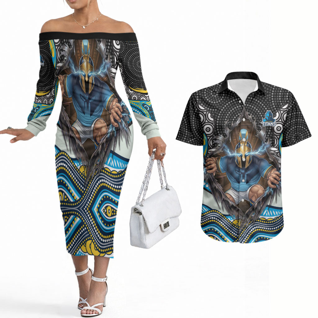 Gold Coast Titans Couples Matching Off The Shoulder Long Sleeve Dress and Hawaiian Shirt The Scream of Lightning Eyes - Indigenous Dot Ripping Effect