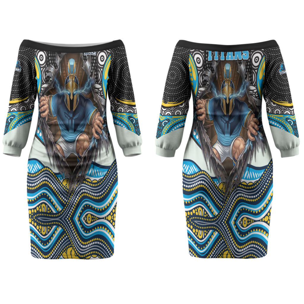 Gold Coast Titans Couples Matching Off The Shoulder Long Sleeve Dress and Hawaiian Shirt The Scream of Lightning Eyes - Indigenous Dot Ripping Effect