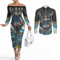 Gold Coast Titans Couples Matching Off The Shoulder Long Sleeve Dress and Long Sleeve Button Shirt The Scream of Lightning Eyes - Indigenous Dot Ripping Effect