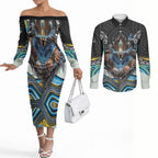 Gold Coast Titans Couples Matching Off The Shoulder Long Sleeve Dress and Long Sleeve Button Shirt The Scream of Lightning Eyes - Indigenous Dot Ripping Effect