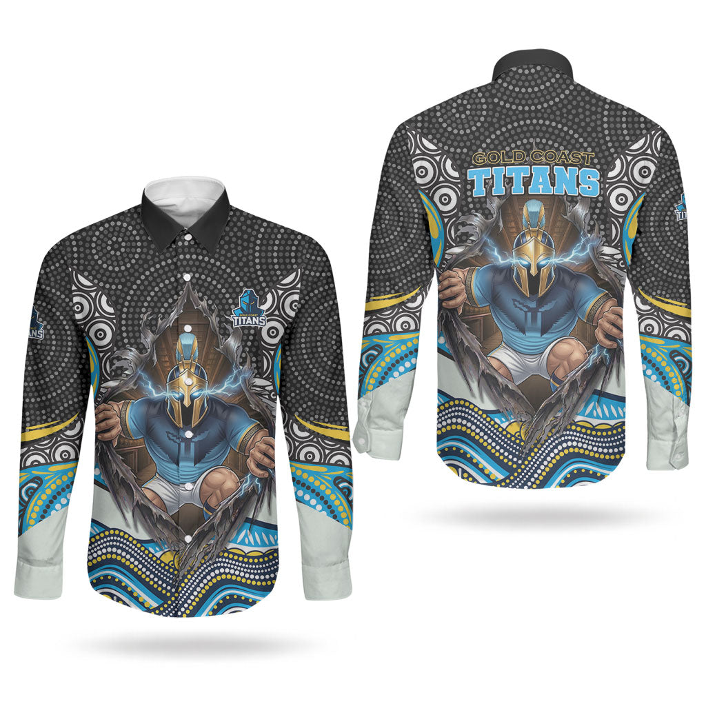 Gold Coast Titans Couples Matching Off The Shoulder Long Sleeve Dress and Long Sleeve Button Shirt The Scream of Lightning Eyes - Indigenous Dot Ripping Effect