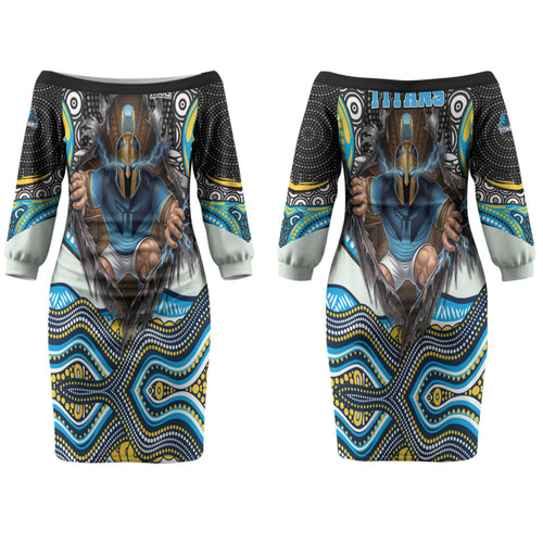 Gold Coast Titans Couples Matching Off The Shoulder Long Sleeve Dress and Long Sleeve Button Shirt The Scream of Lightning Eyes - Indigenous Dot Ripping Effect