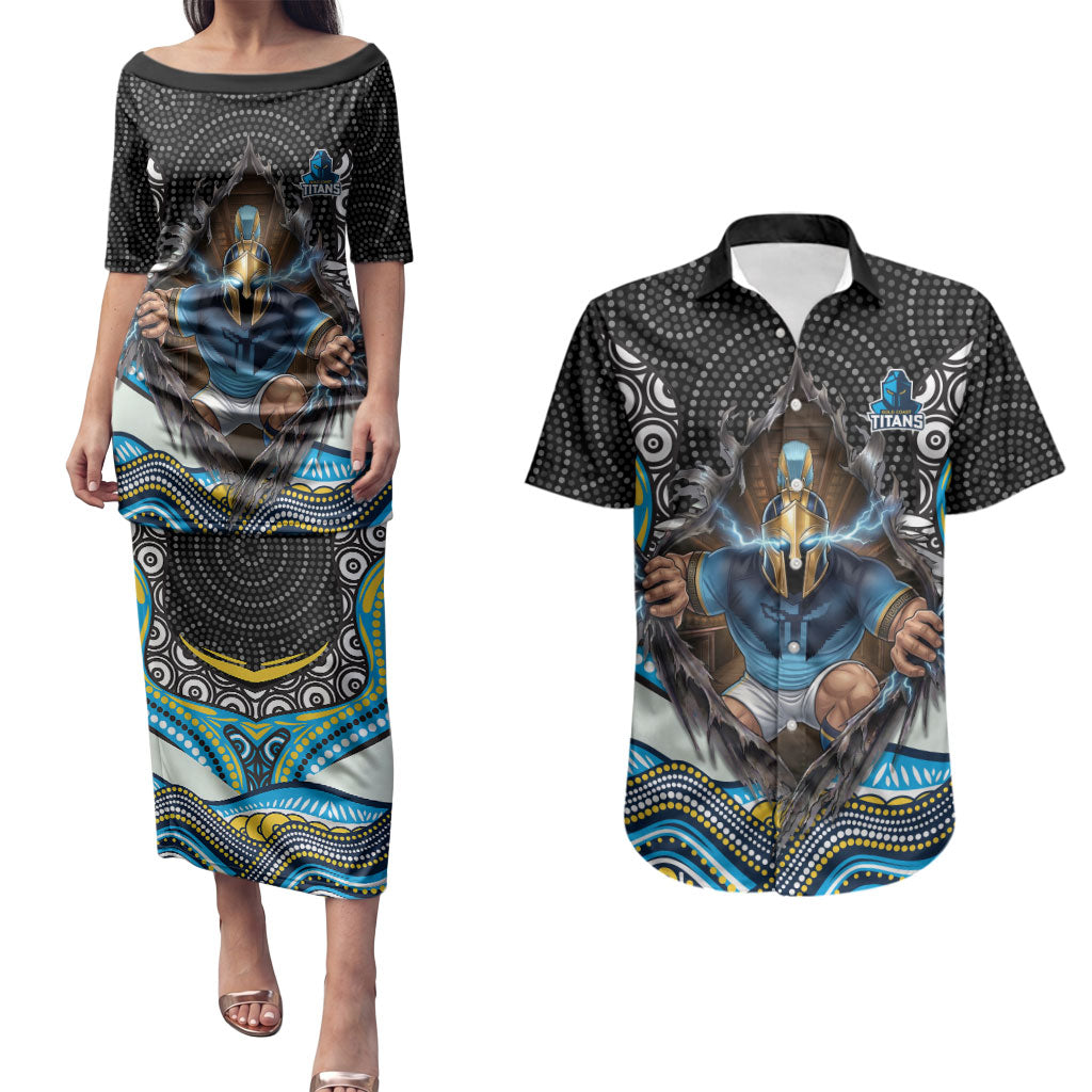 Gold Coast Titans Couples Matching Puletasi and Hawaiian Shirt The Scream of Lightning Eyes - Indigenous Dot Ripping Effect