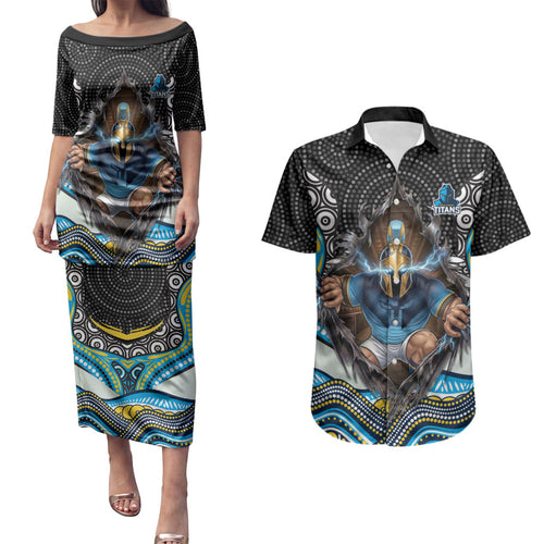 Gold Coast Titans Couples Matching Puletasi and Hawaiian Shirt The Scream of Lightning Eyes - Indigenous Dot Ripping Effect